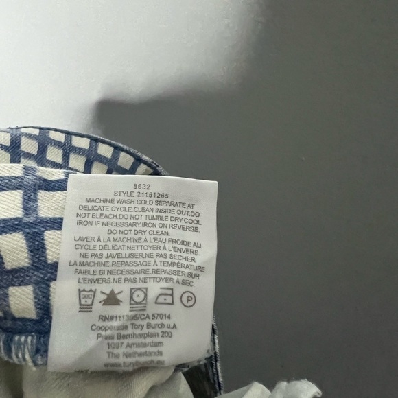 Tory Burch Crop Ankle Pants Blue Haven Canvas White Check Grid Side Zip Size 26 - Picture 8 of 9